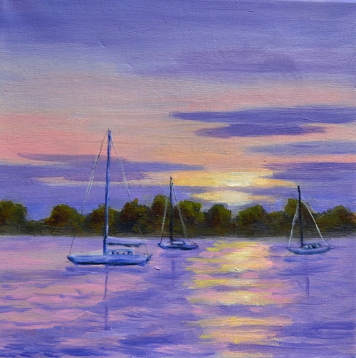 Seaport sunset - 10 x 10 oil on canvas rs